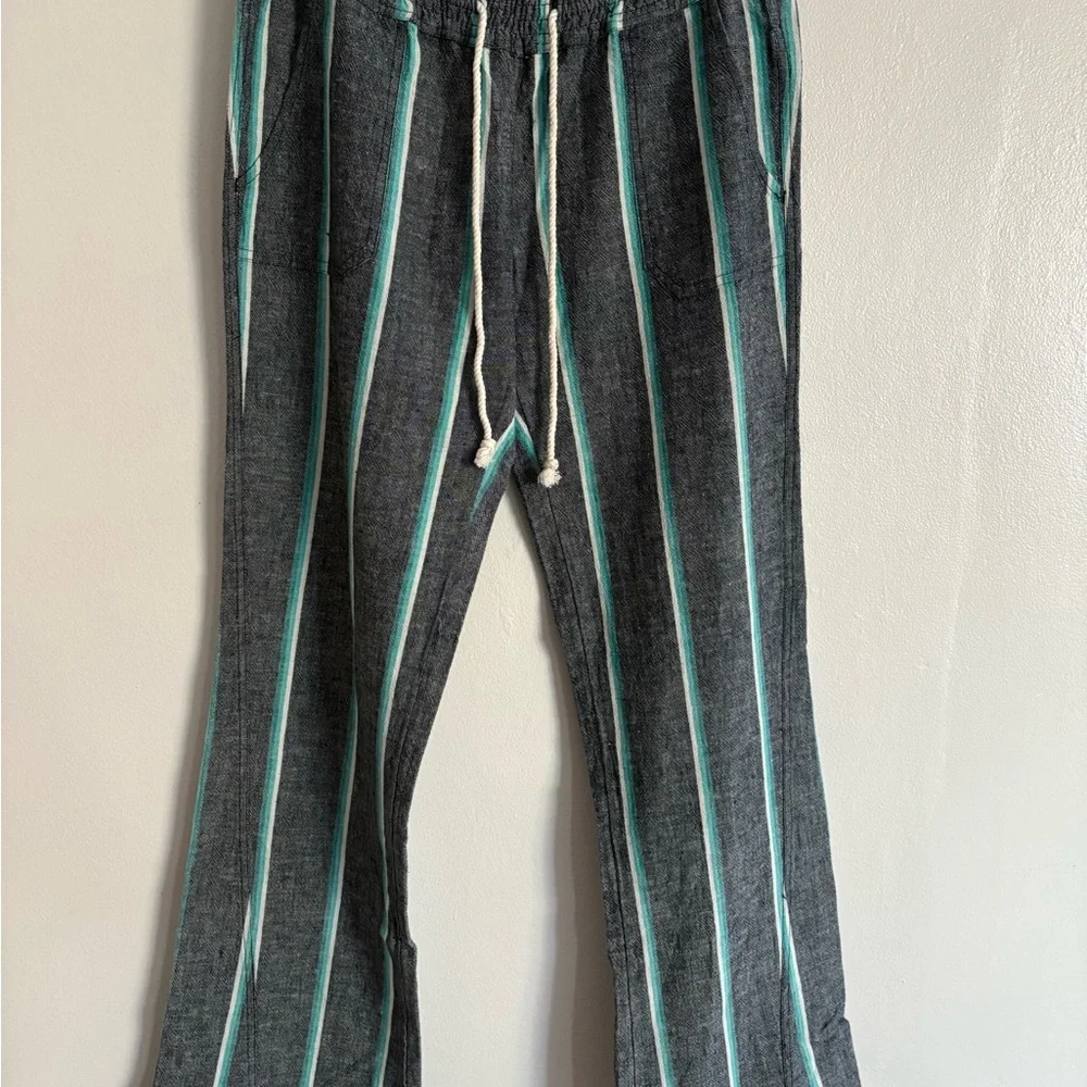 Roxy Oceanside Yarn Linen Cotton Blend Gray Striped Wide Leg Pants Medium - Picture 3 of 14